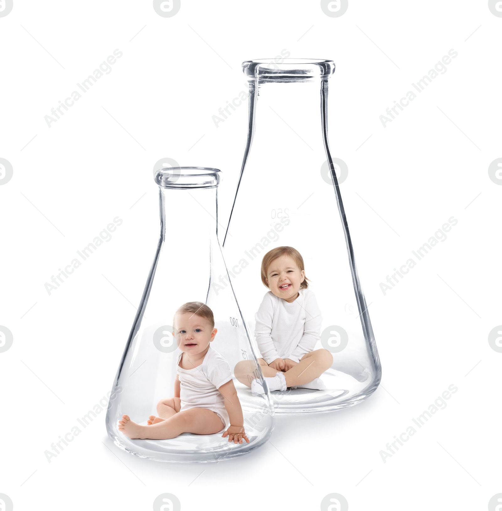 Image of Cute babies in conical flasks on white background. In vitro fertilisation