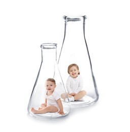 Image of Cute babies in conical flasks on white background. In vitro fertilisation