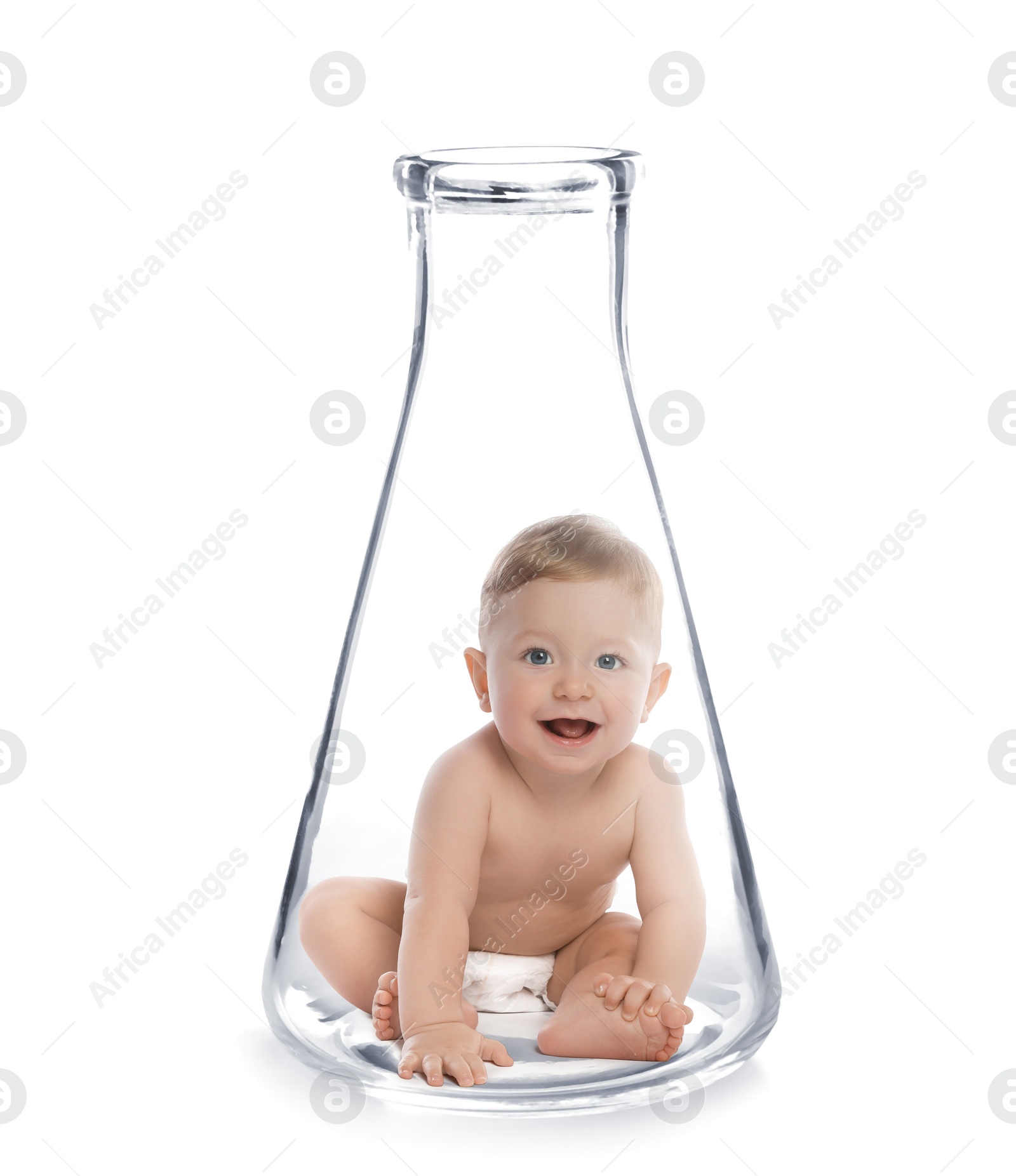 Image of Cute baby in conical flask on white background. In vitro fertilisation