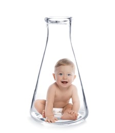 Cute baby in conical flask on white background. In vitro fertilisation