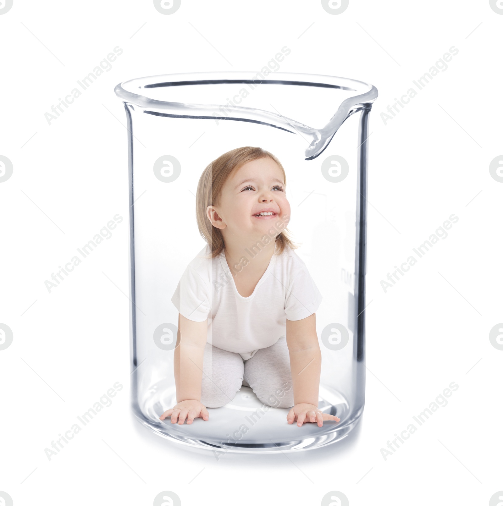 Image of Cute baby in glass beaker on white background. In vitro fertilisation