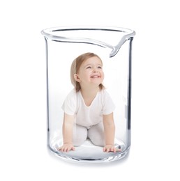 Image of Cute baby in glass beaker on white background. In vitro fertilisation