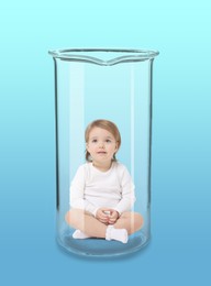 Cute baby in glass beaker on light blue gradient background. In vitro fertilisation