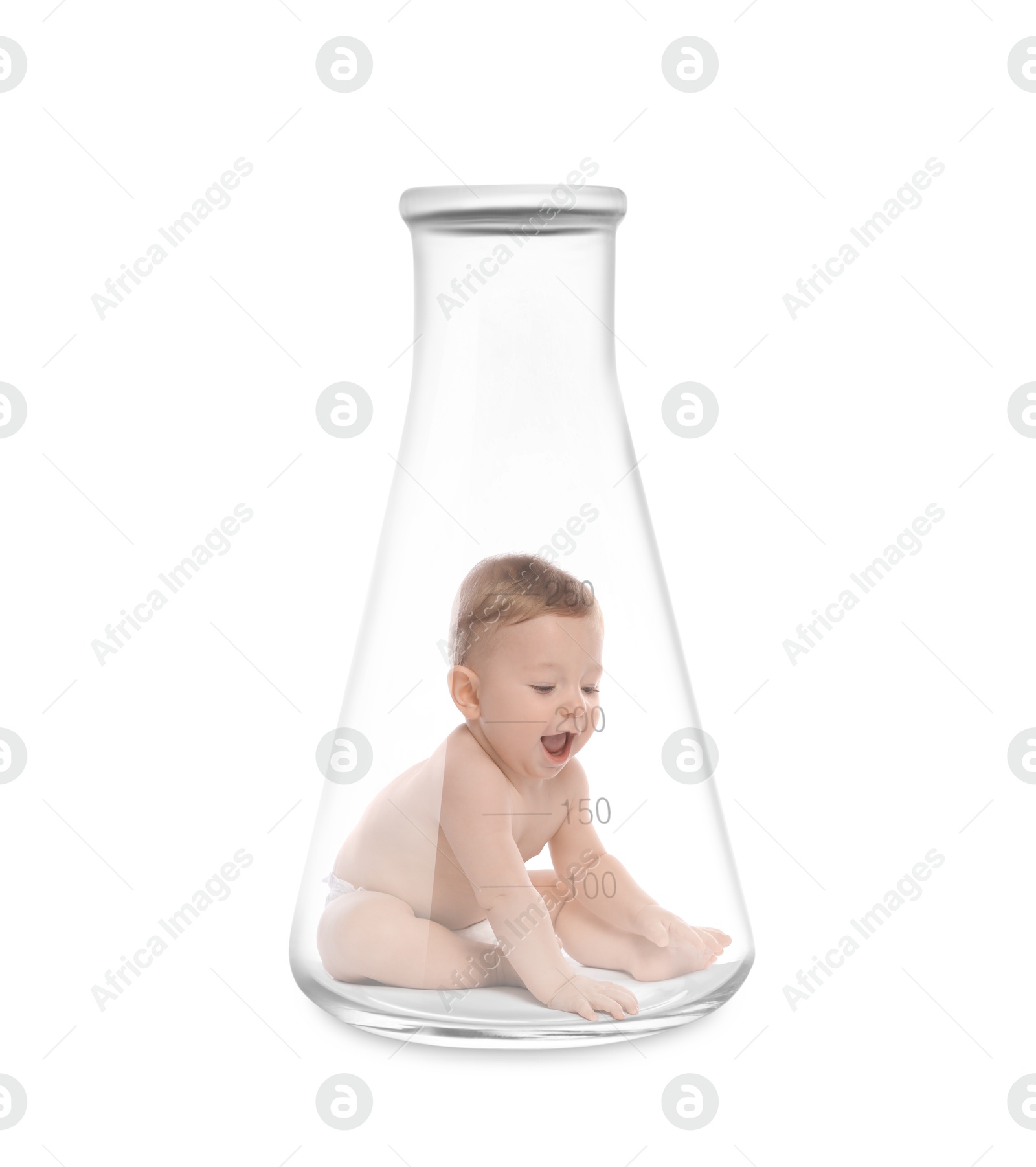 Image of Cute baby in conical flask on white background. In vitro fertilisation