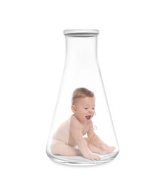 Cute baby in conical flask on white background. In vitro fertilisation