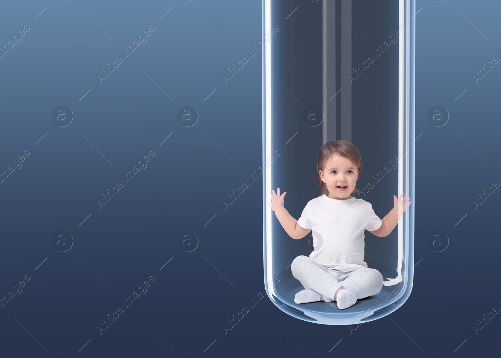 Image of Cute baby in glass test tube on dark blue gradient background. In vitro fertilisation