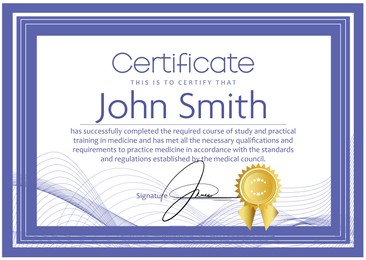 Image of Certificate of medical course completion for healthcare professional, design