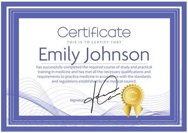 Image of Certificate of medical course completion for healthcare professional, design