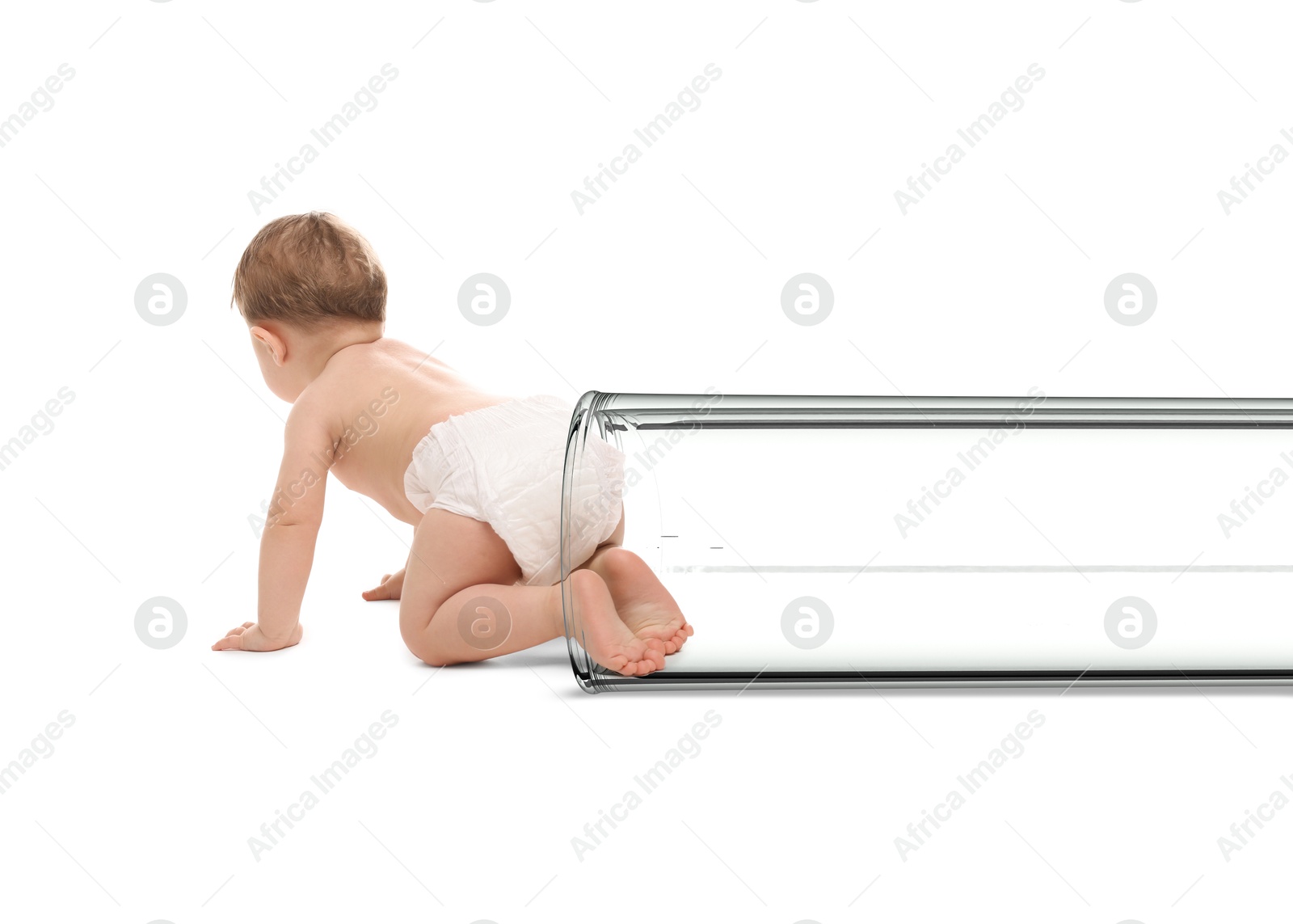 Image of Cute baby getting out from glass test tube on white background. In vitro fertilisation