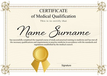 Image of Certificate of medical course completion for healthcare professional, design