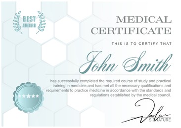 Image of Certificate of medical course completion for healthcare professional, design