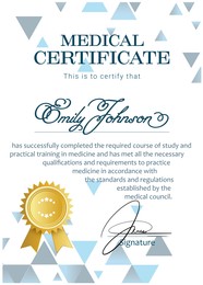 Image of Certificate of medical course completion for healthcare professional, design