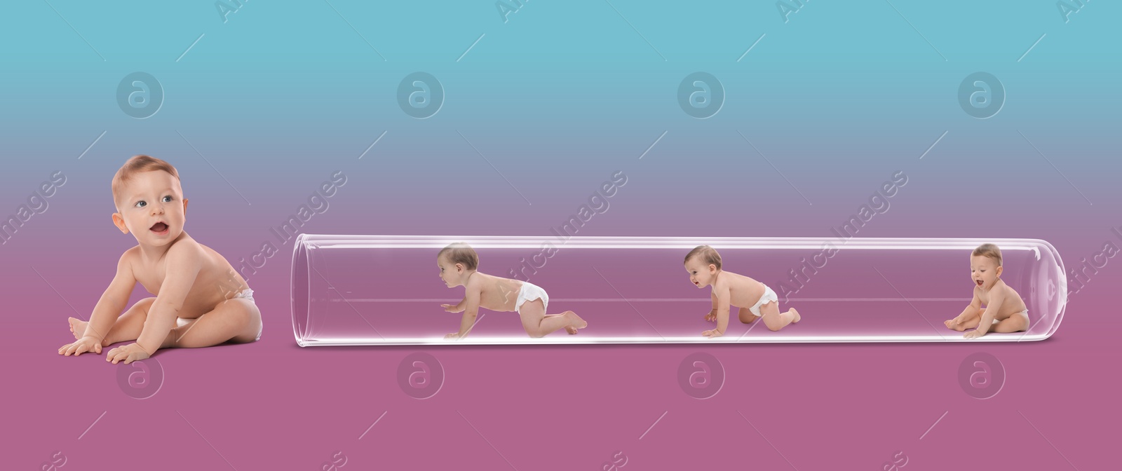 Image of Cute baby getting out from glass test tube on color gradient background. In vitro fertilisation