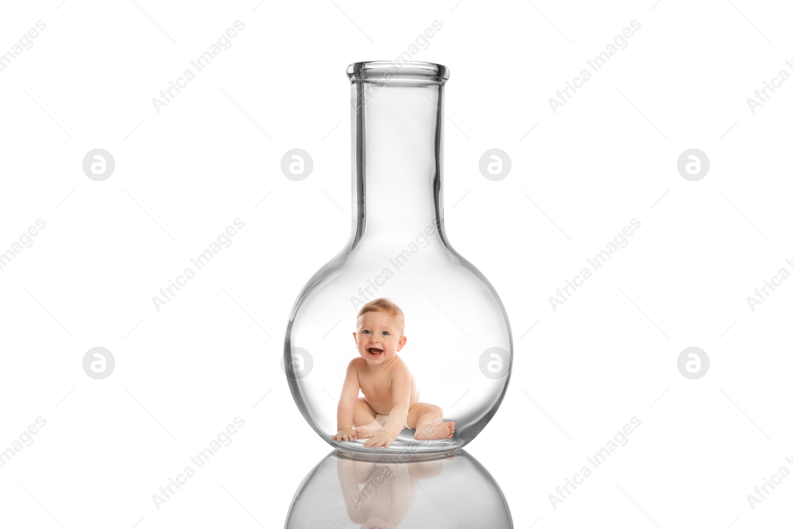 Image of Cute baby in glass flask on white background. In vitro fertilisation