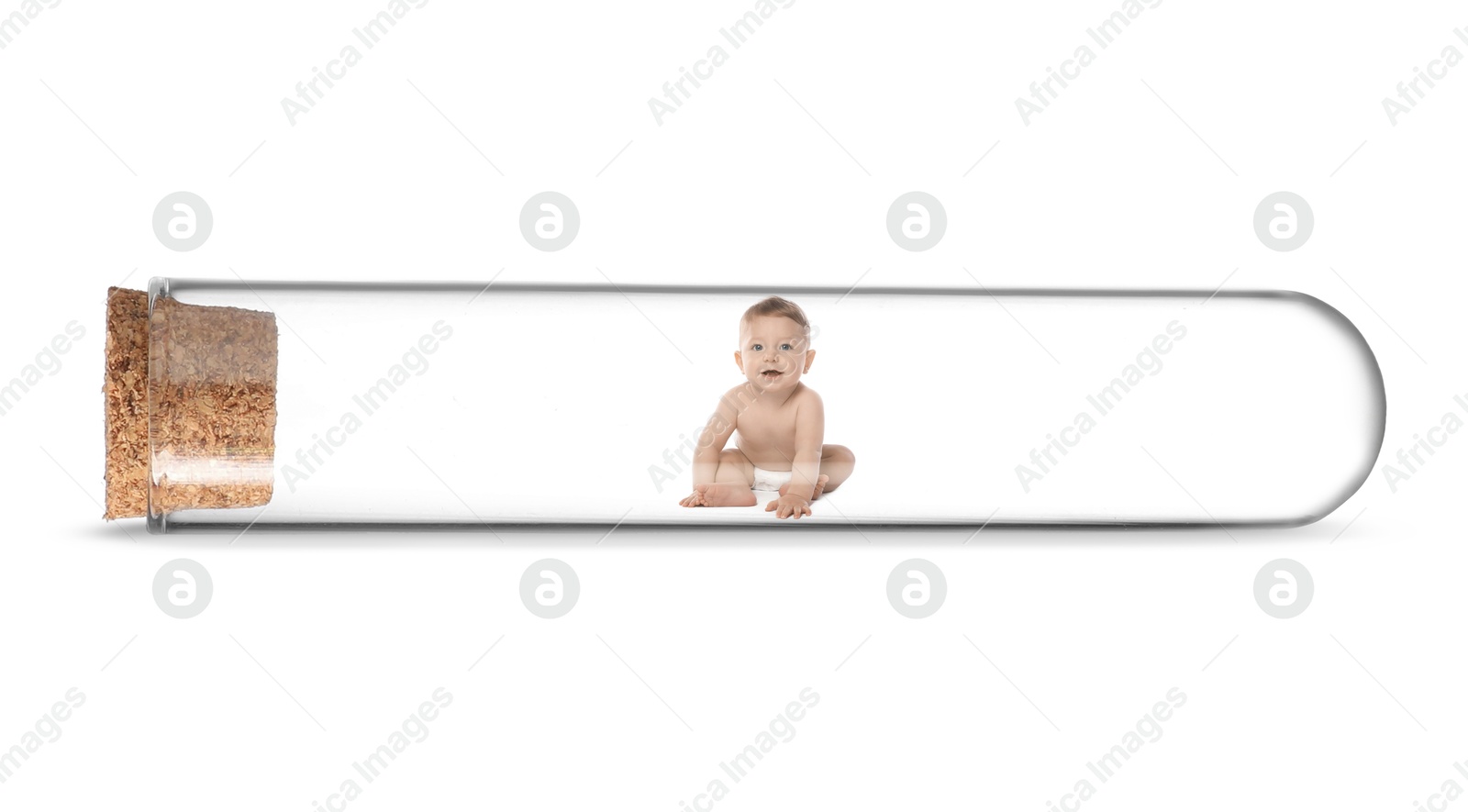 Image of Cute baby in glass test tube on white background. In vitro fertilisation