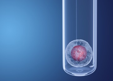 Image of Egg cell in glass test tube on blue gradient background, space for text. In vitro fertilisation