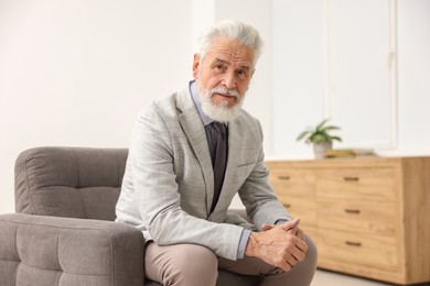 Portrait of handsome bearded man in armchair indoors, space for text