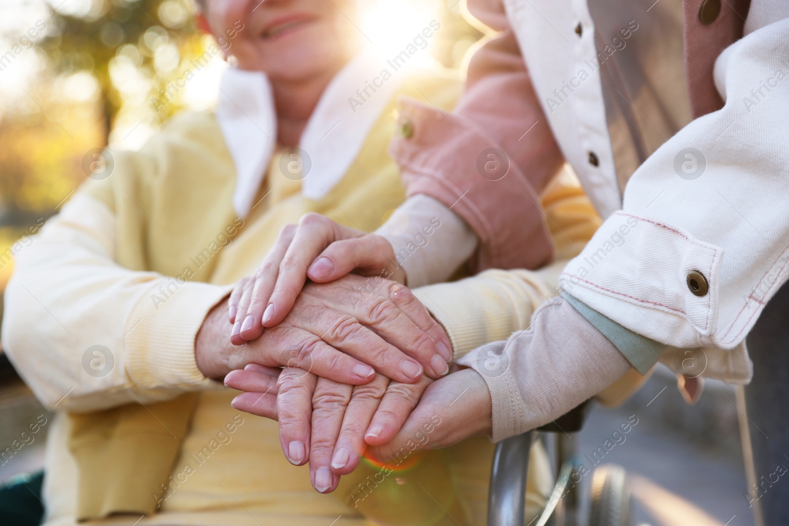 Photo of Caregiver with elderly woman in wheelchair at park, closeup