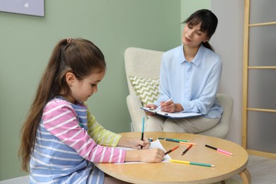 Photo of Little girl drawing during psychological evaluation in office