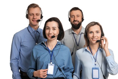 Photo of Technical support call center. Team of friendly operators on white background