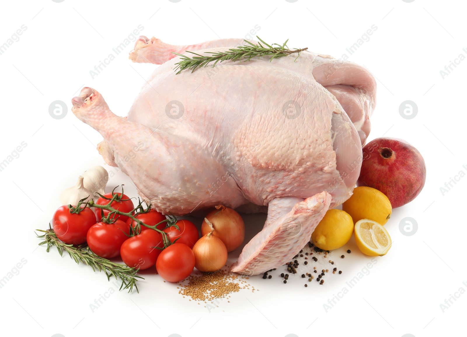 Photo of Whole raw turkey and ingredients isolated on white