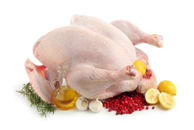 Photo of Whole raw turkey and ingredients isolated on white