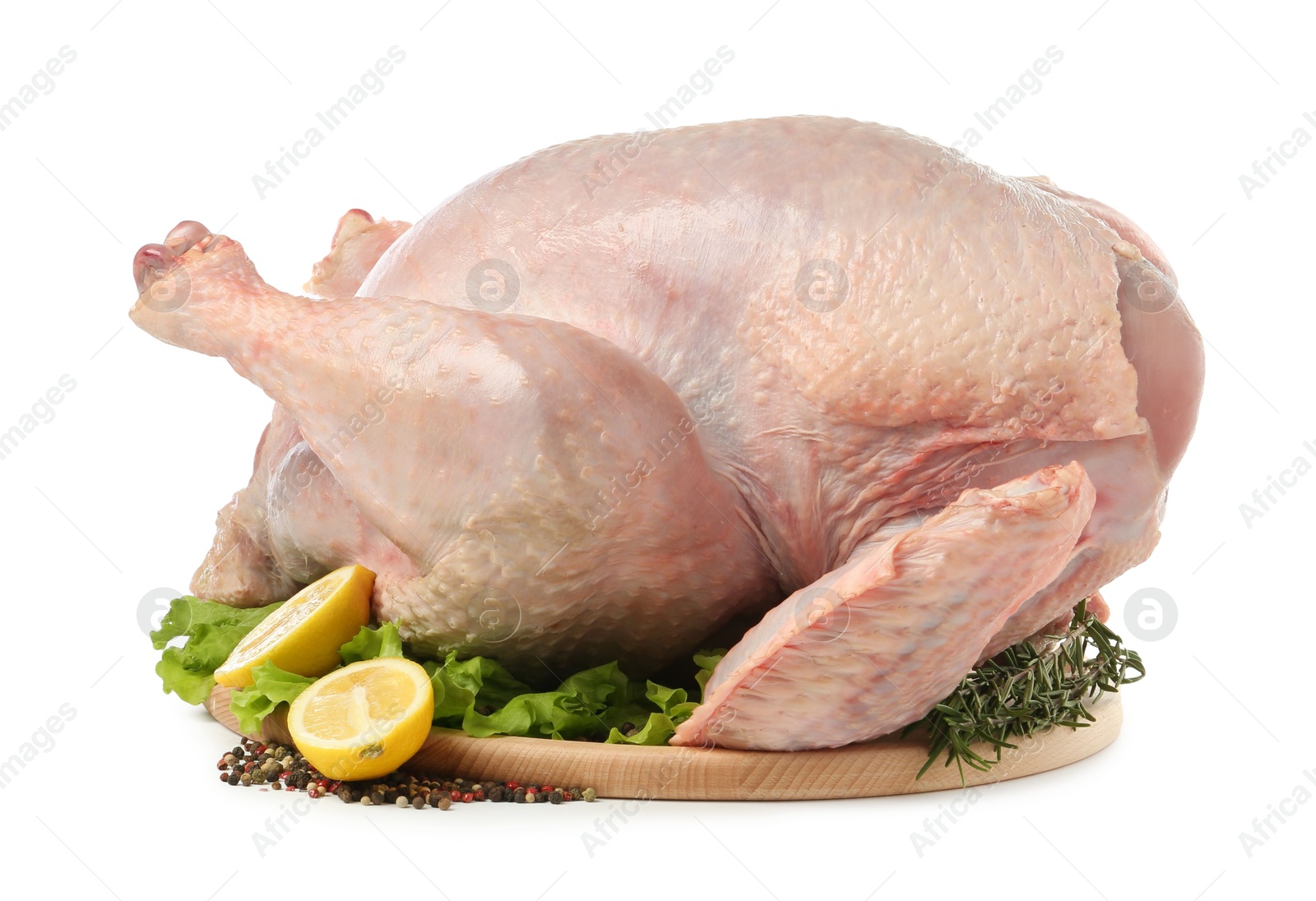 Photo of Whole raw turkey and ingredients isolated on white