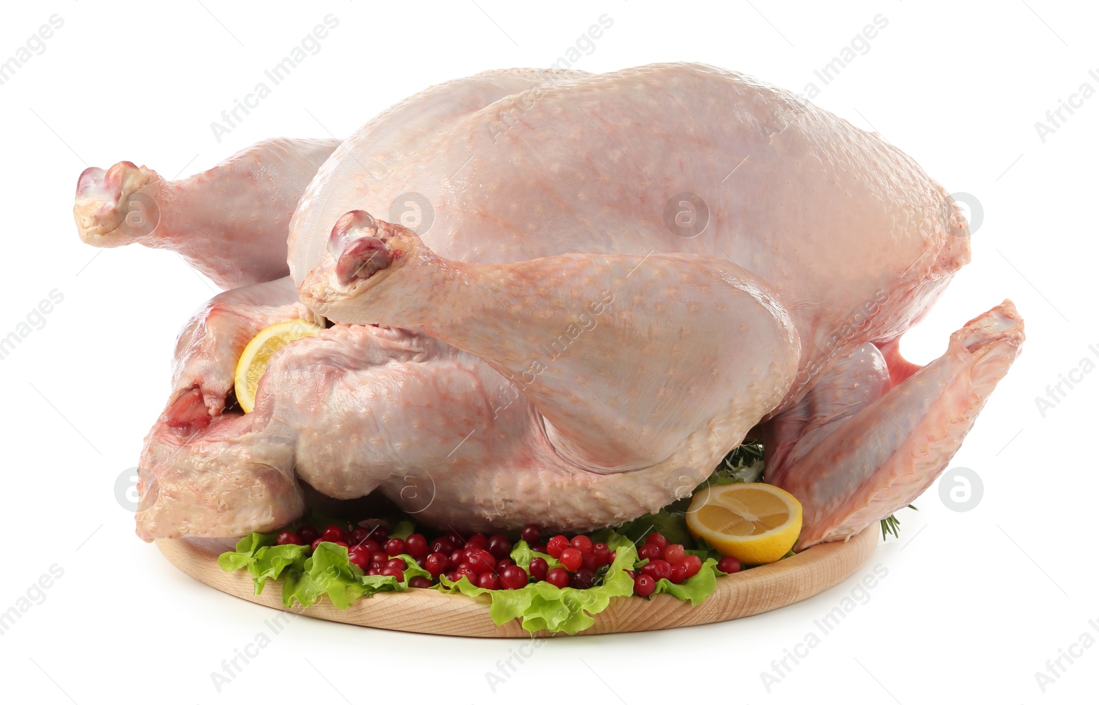 Photo of Whole raw turkey, cranberries and lemon isolated on white