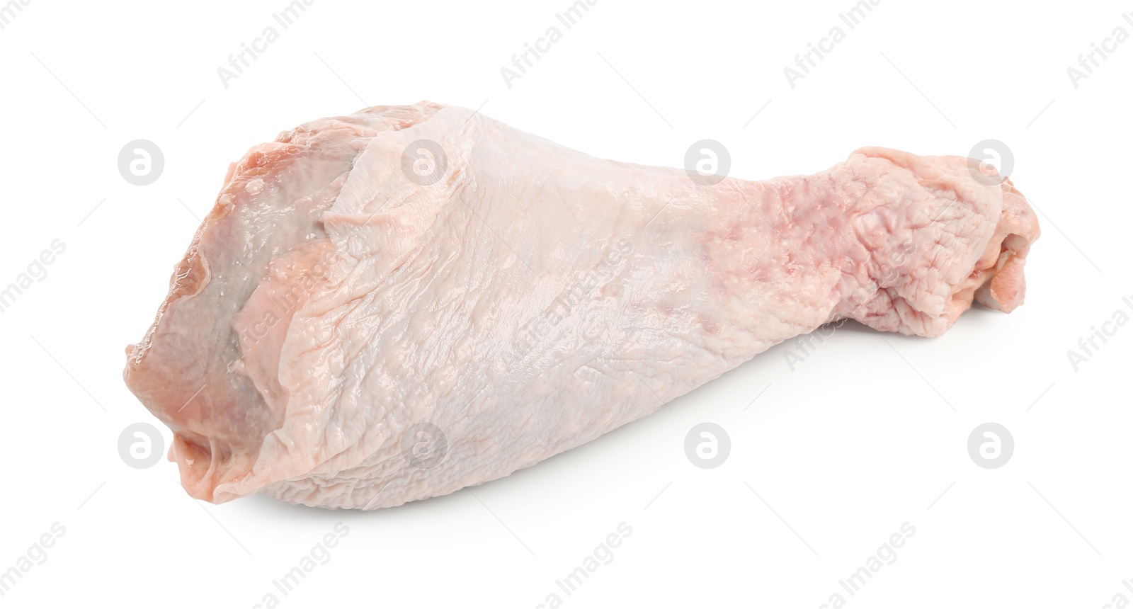 Photo of One raw turkey drumstick isolated on white