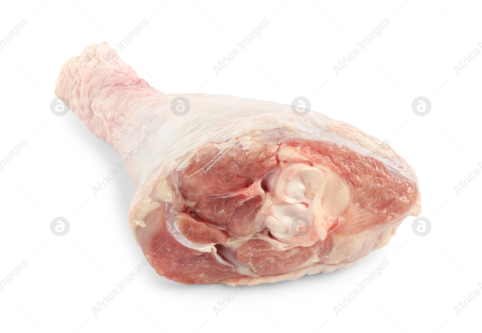 Photo of One raw turkey drumstick isolated on white