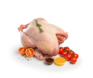 Photo of Whole raw turkey with ingredients isolated on white