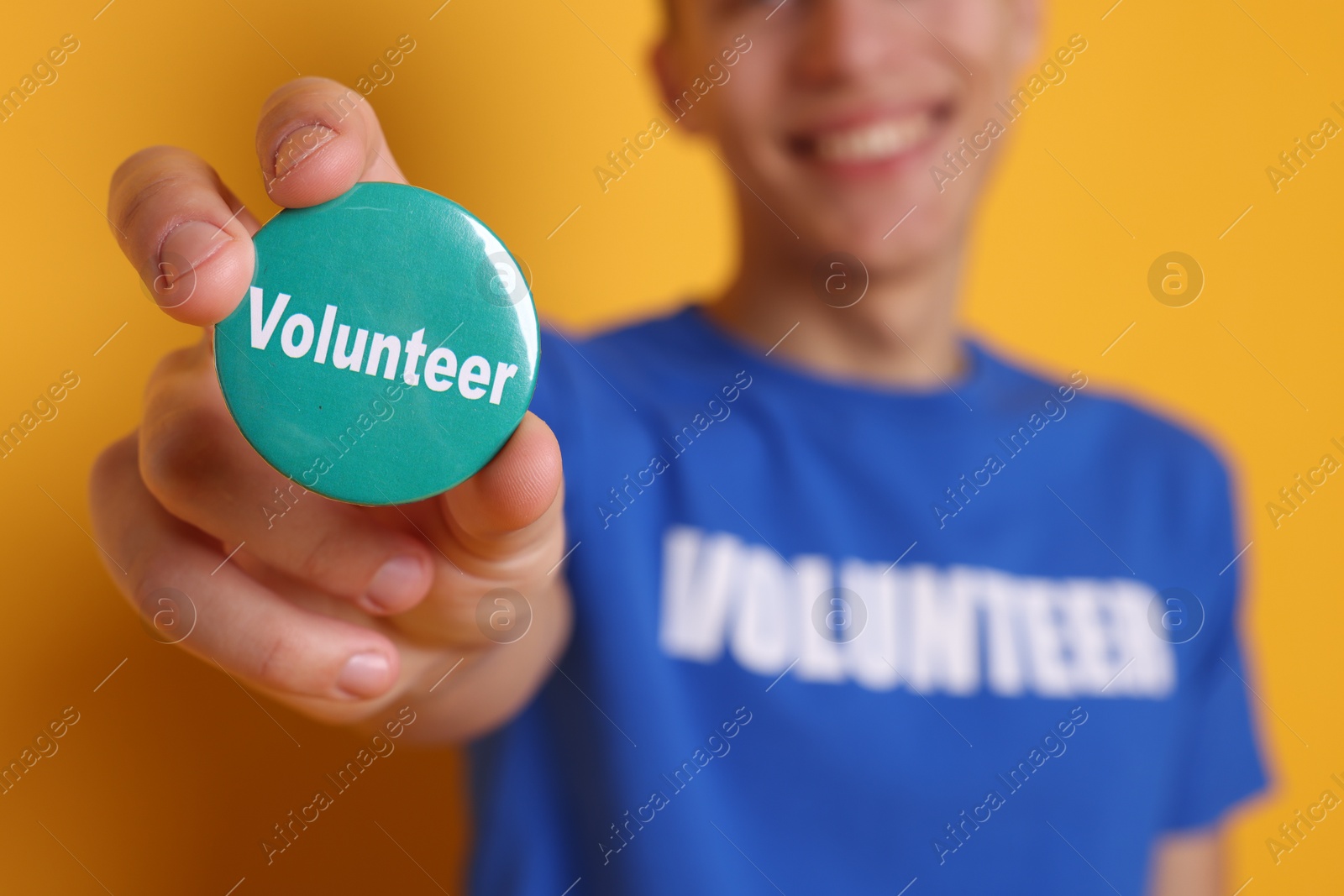 Photo of Man holding button badge with word Volunteer on orange background, closeup