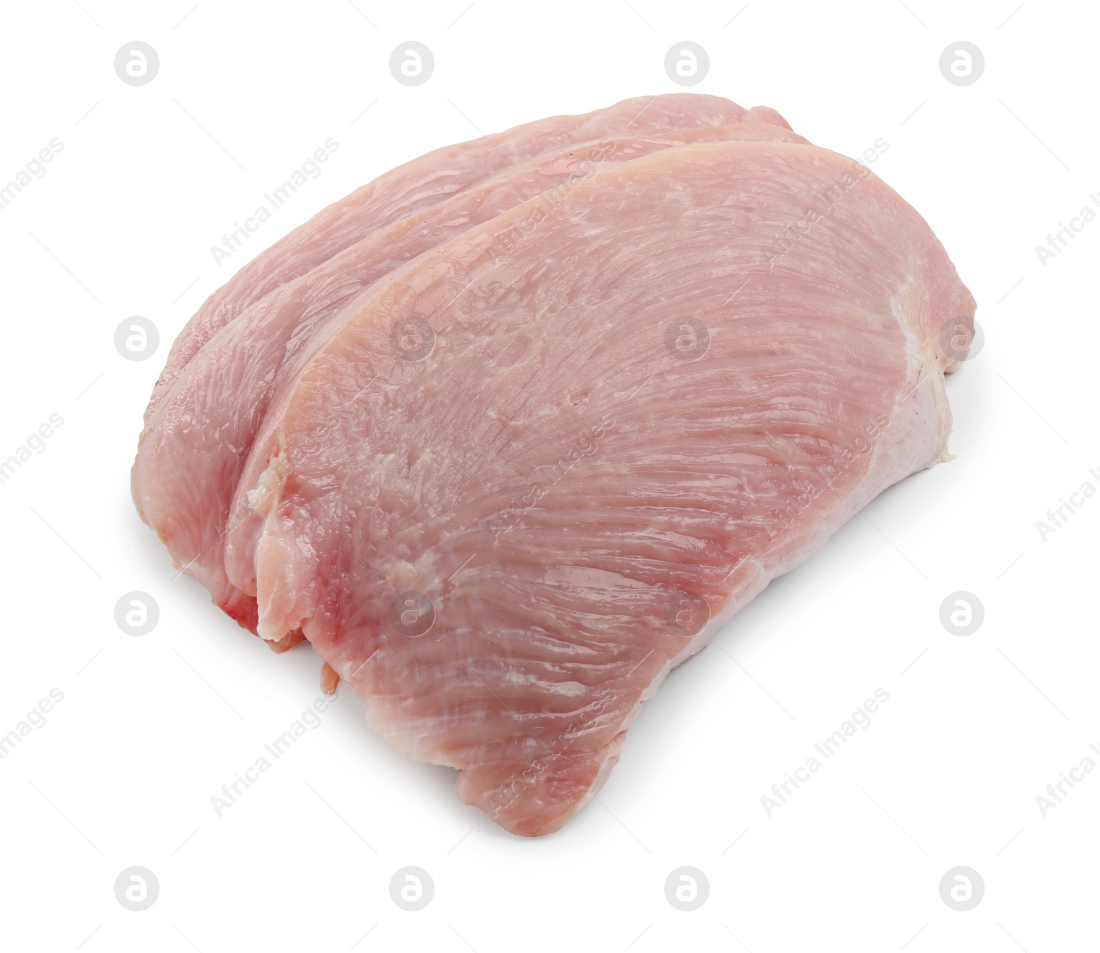 Photo of Pieces of raw turkey meat isolated on white, top view