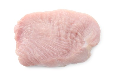 Photo of Piece of raw turkey meat isolated on white, top view