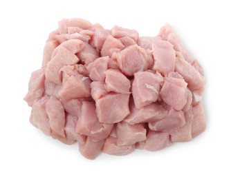 Photo of Pieces of raw turkey meat isolated on white, top view