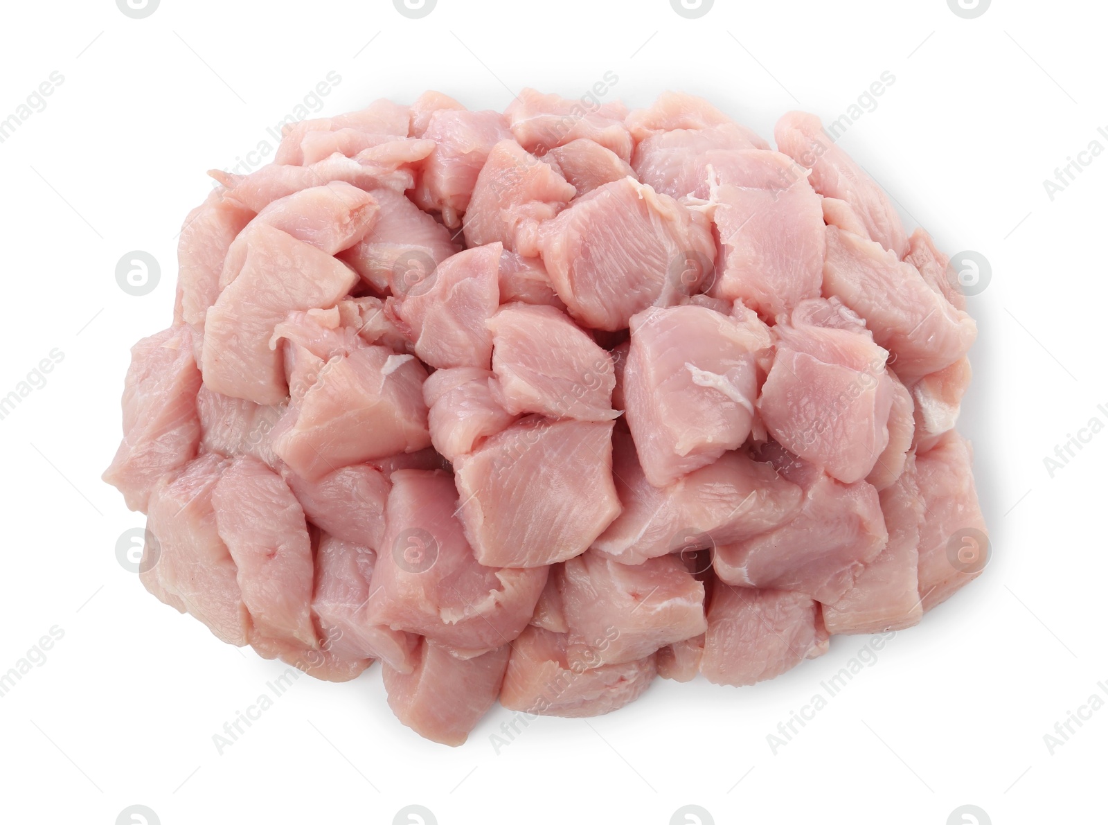 Photo of Pieces of raw turkey meat isolated on white, top view