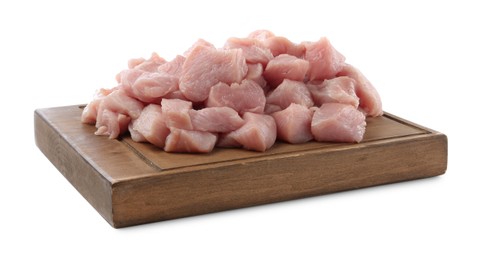 Photo of Wooden board with pieces of raw turkey meat isolated on white