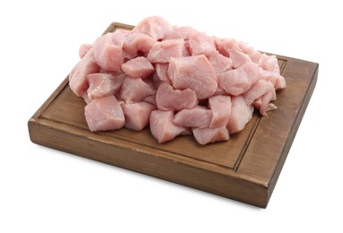 Photo of Wooden board with pieces of raw turkey meat isolated on white