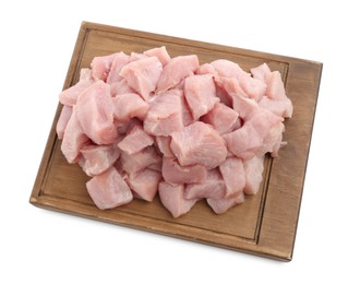 Photo of Wooden board with pieces of raw turkey meat isolated on white, top view