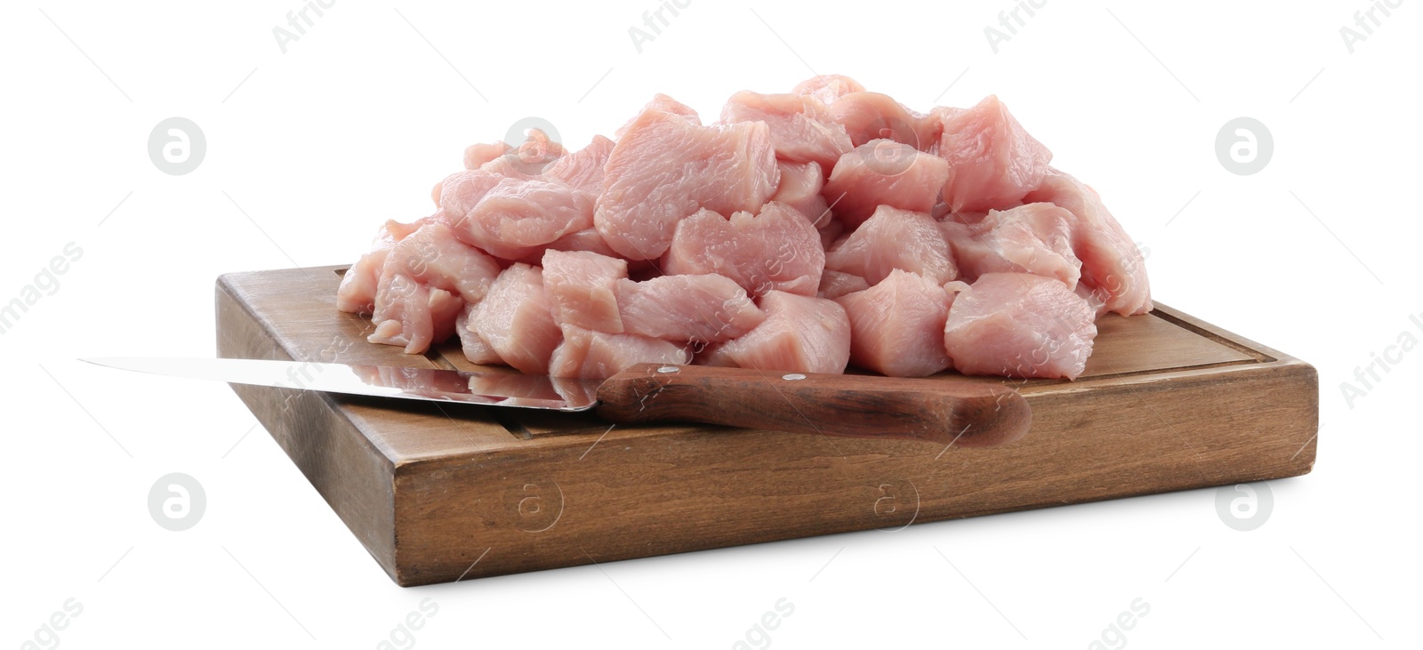 Photo of Wooden board with pieces of raw turkey meat and knife isolated on white