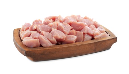 Photo of Wooden board with pieces of raw turkey meat isolated on white