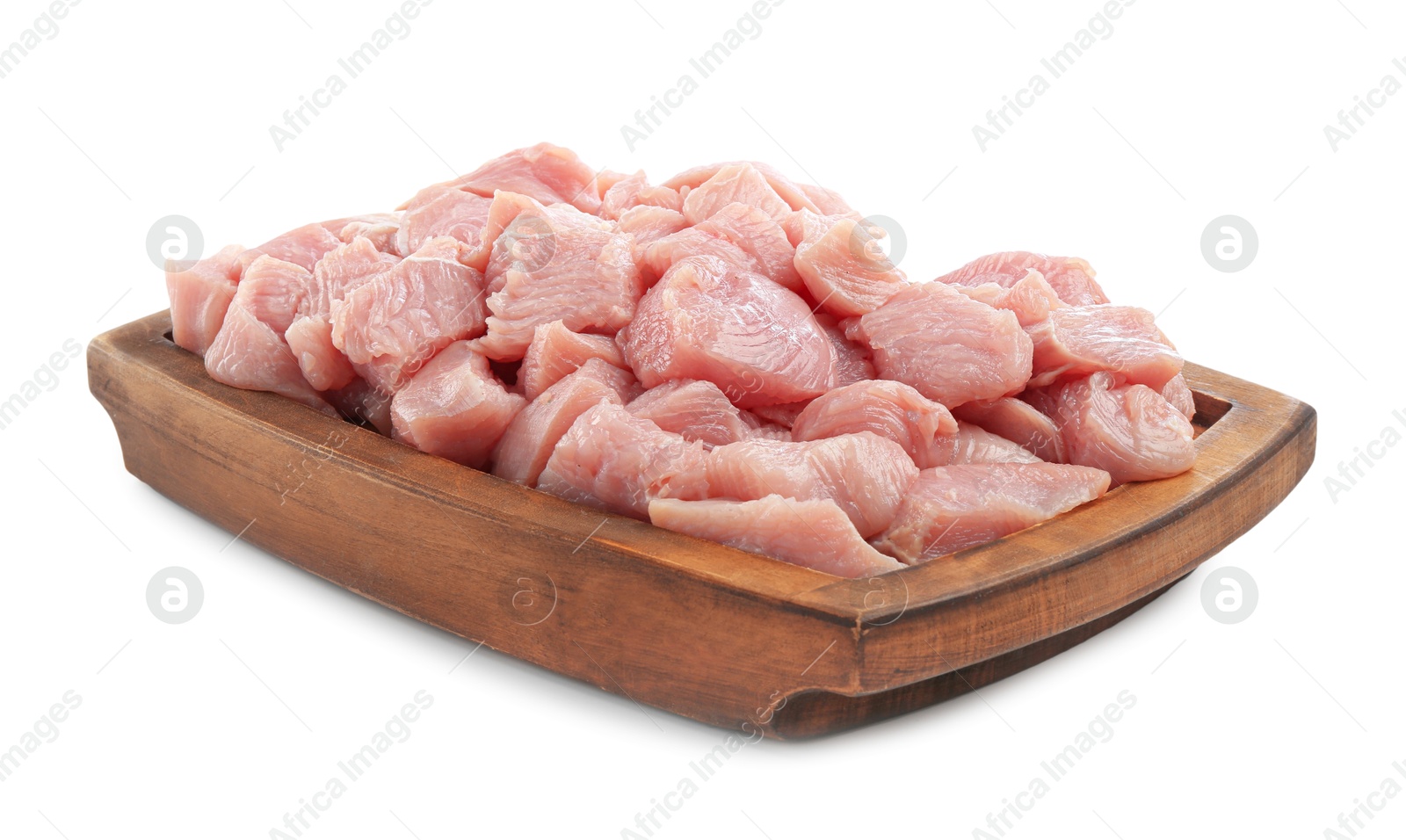 Photo of Wooden board with pieces of raw turkey meat isolated on white