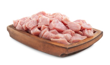 Photo of Wooden board with pieces of raw turkey meat isolated on white