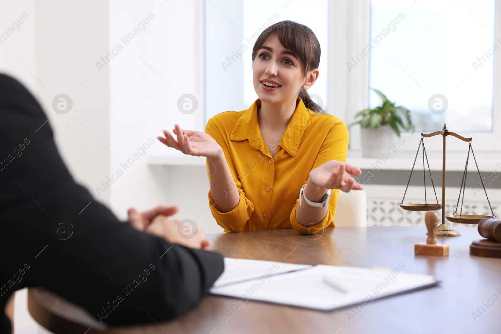 Photo of Woman having meeting with professional lawyer at wooden desk indoors