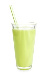 Photo of Fresh mung bean juice in glass isolated on white