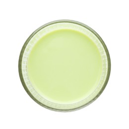 Photo of Fresh mung bean juice in glass isolated on white, top view