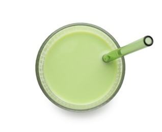 Photo of Fresh mung bean juice in glass isolated on white, top view