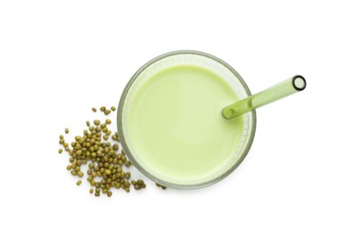 Photo of Fresh mung bean juice in glass and seeds isolated on white, top view