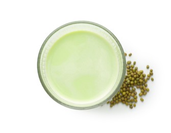 Photo of Fresh mung bean juice in glass and seeds isolated on white, top view