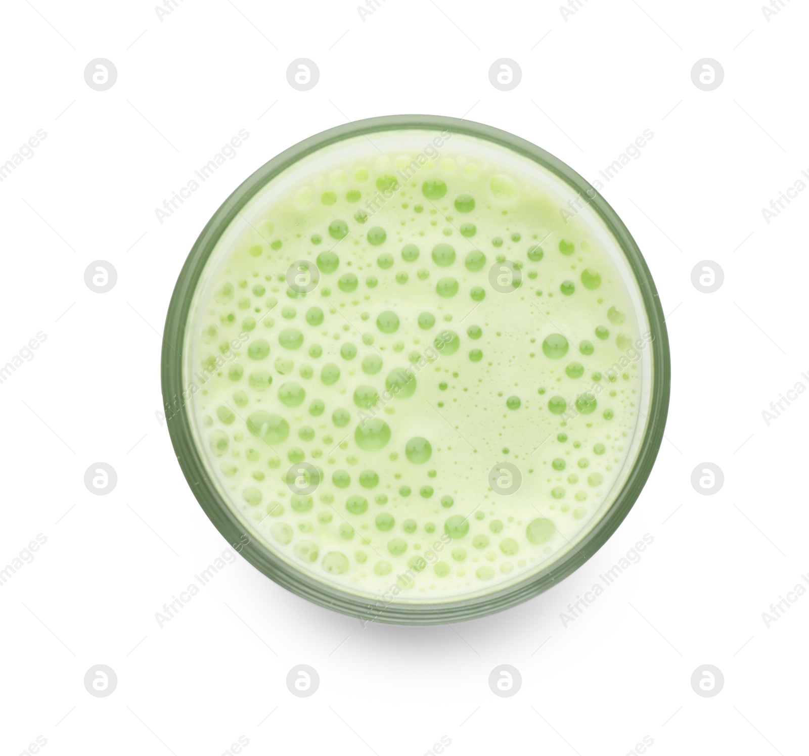 Fresh mung bean juice in glass isolated on white, top view Photo of Fresh mung bean juice in glass isolated on white, top view